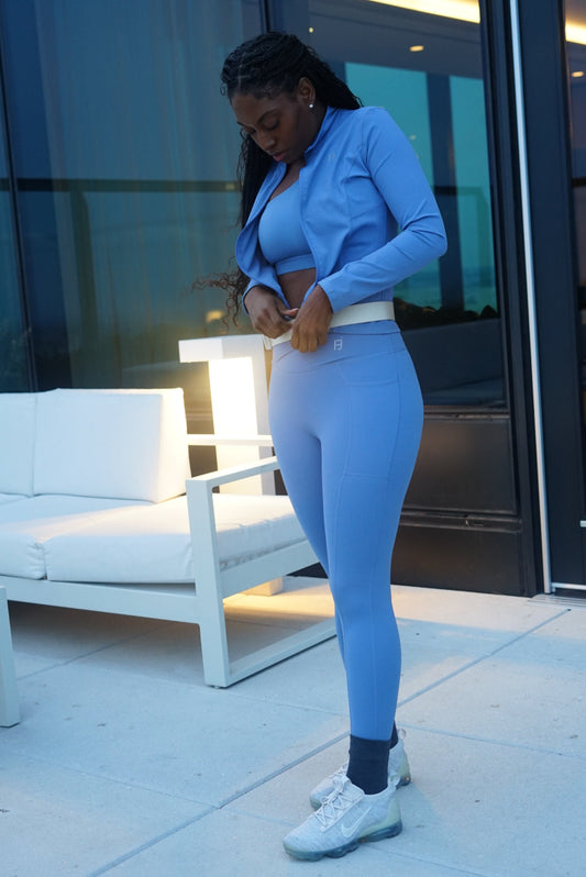 SKY BLUE HIGH WAISTED V-CUT  "TUMMY CONTROL" LEGGINGS WITH TWO SIDE POCKETS